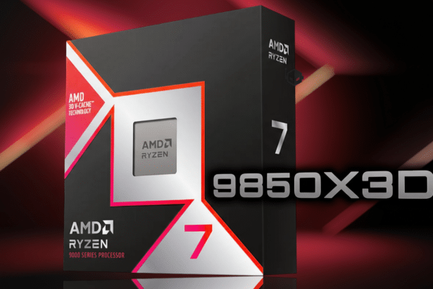 An AMD Ryzen 7 9850X3D processor box with a red and black design, featuring the AMD Ryzen logo and 9000 Series Processor text.
