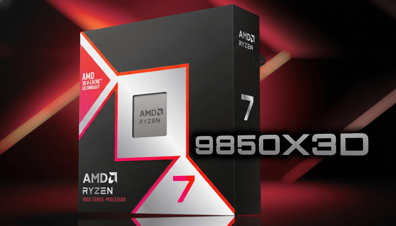 An AMD Ryzen 7 9850X3D processor box with a red and black design, featuring the AMD Ryzen logo and 9000 Series Processor text.