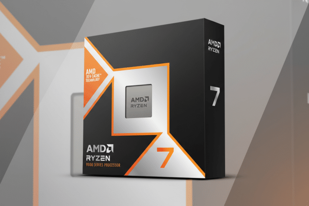A professional, enhanced image of an AMD Ryzen 7 9000 series processor box, resized to a 16:9 aspect ratio with a subtle, flat design background that complements the product.