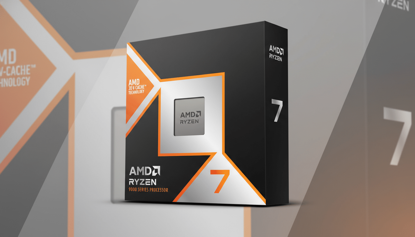 A professional, enhanced image of an AMD Ryzen 7 9000 series processor box, resized to a 16:9 aspect ratio with a subtle, flat design background that complements the product.