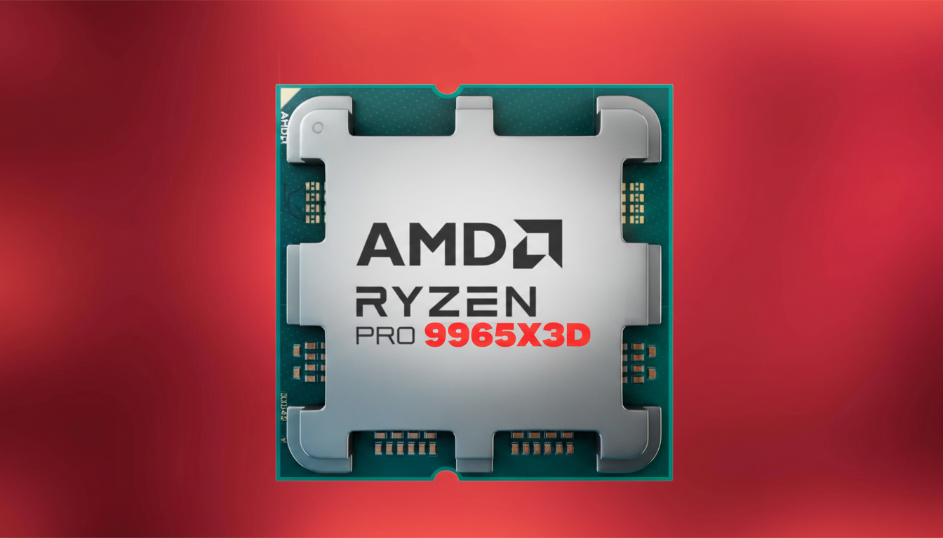 An AMD Ryzen Pro 9965X3D processor on a red background.
