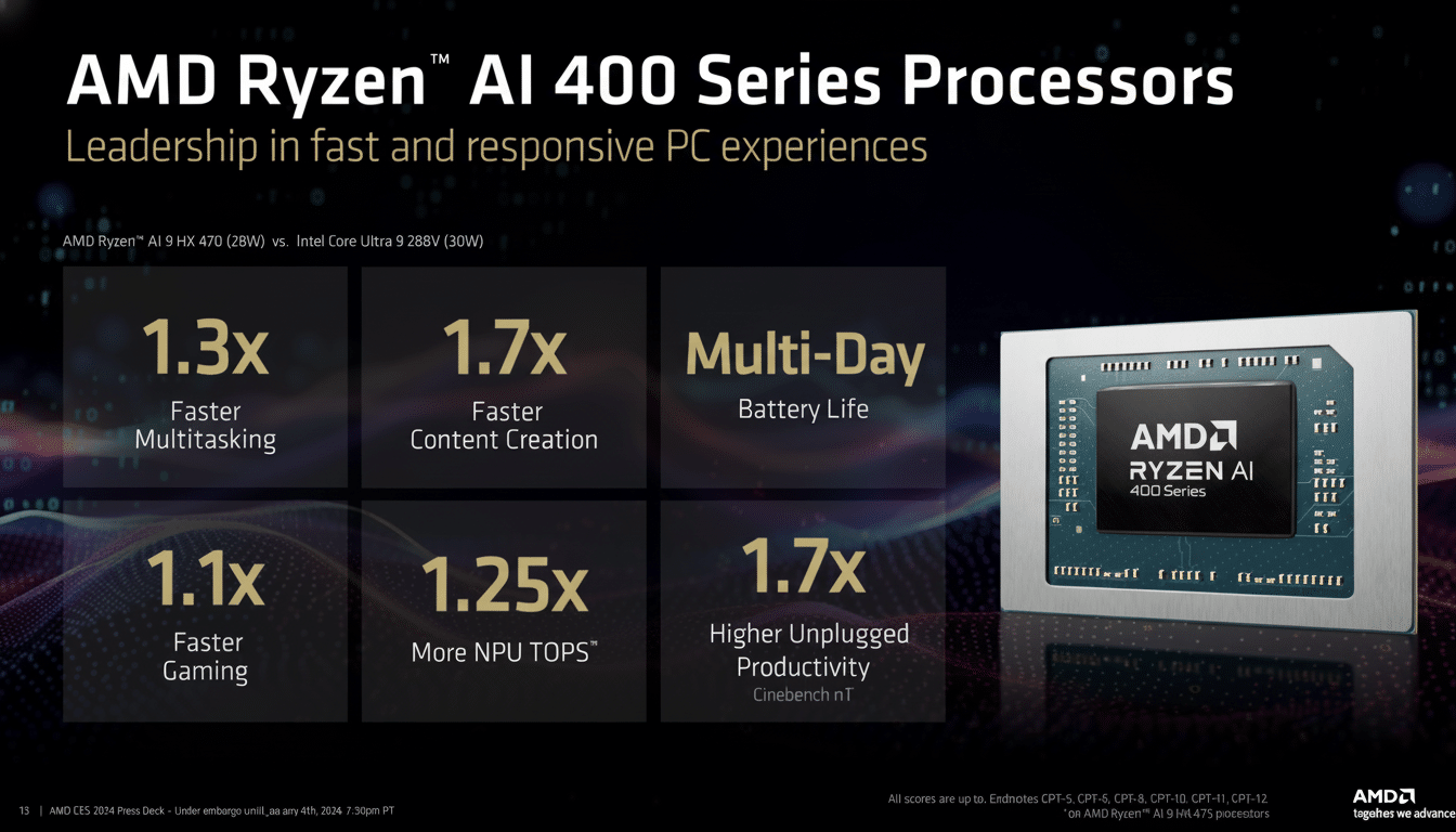 An AMD Ryzen AI 400 Series Processors slide with performance metrics and a chip illustration.