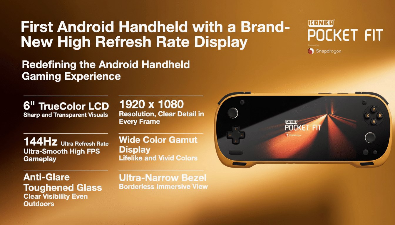 A 16:9 aspect ratio image of the Konka Pocket Fit, an Android handheld gaming device, with its features listed on an orange background.