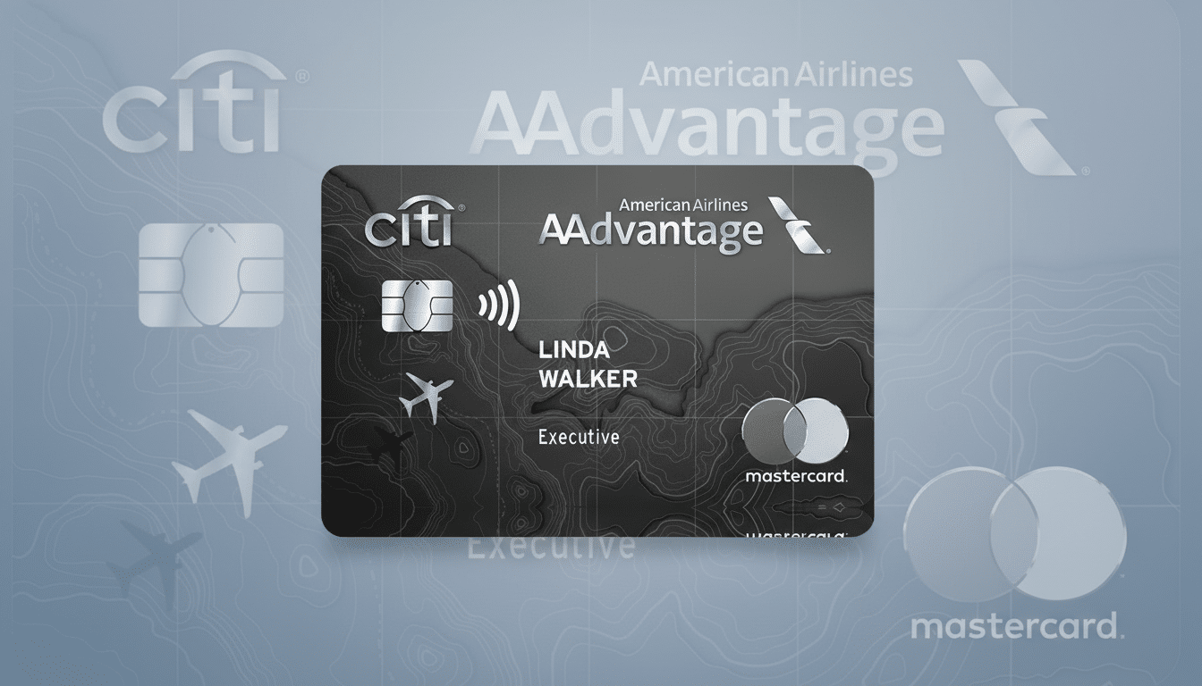 A professional, enhanced image of a Citi AAdvantage Executive credit card with a 16:9 aspect ratio, featuring a soft gray gradient background with subtle topographic patterns.