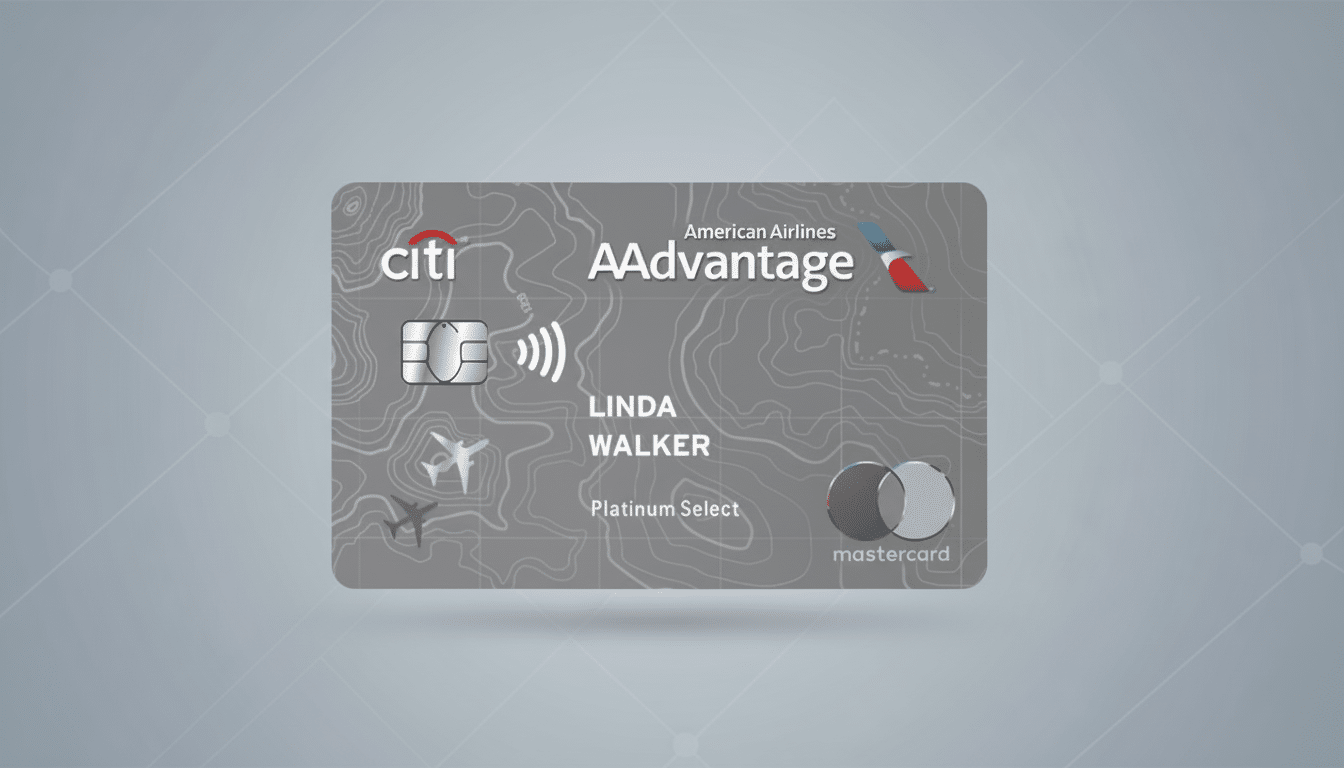 A Citi AAdvantage Platinum Select credit card with a gray background featuring subtle topographic lines, presented on a professional flat design background with a soft gray gradient.