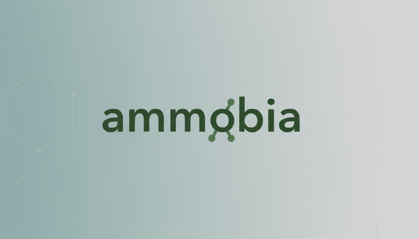 The Ammobia logo, featuring the word ammobia in dark green lowercase letters, with the o stylized as a molecular structure, set against a professional flat design background with soft green and grey gradients and subtle hexagonal patterns.