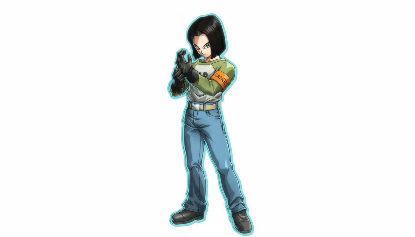 An image of Android 17 from Dragon Ball, resized to a 16:9 aspect ratio. He stands with his hands together, wearing a green and white shirt, blue jeans, black gloves, and an orange RANGER armband. The background is a clean white, preserving the original context.