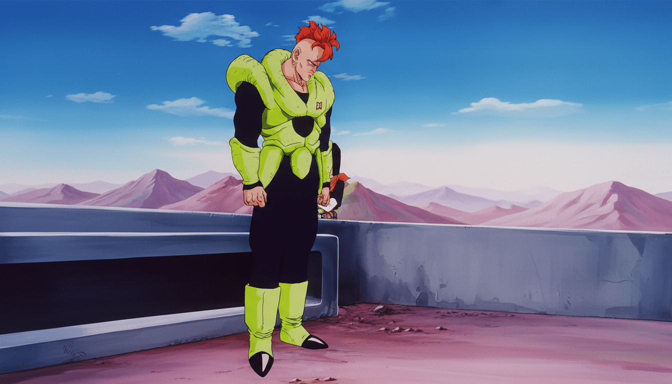 Android 16 from Dragon Ball Z standing on a platform with mountains in the background, resized to a 16:9 aspect ratio.