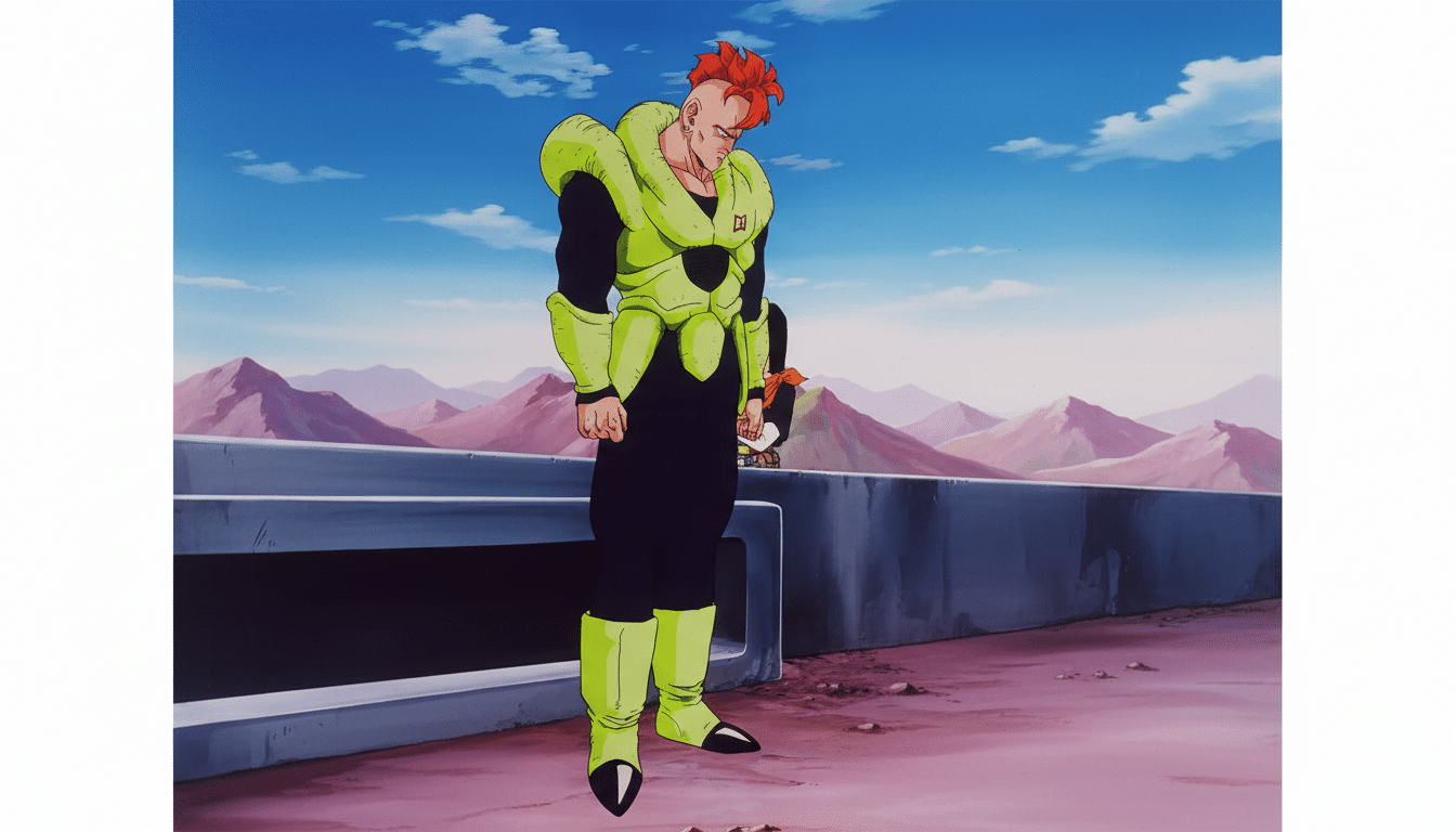 Android 16 from Dragon Ball Z standing on a platform with mountains in the background, resized to a 16:9 aspect ratio.