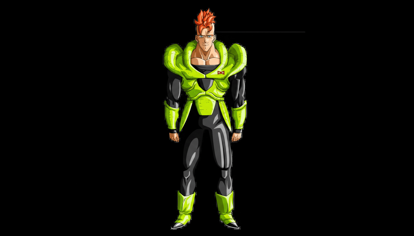 Android 16 from Dragon Ball Z in a 16:9 aspect ratio, maintaining his original black background.