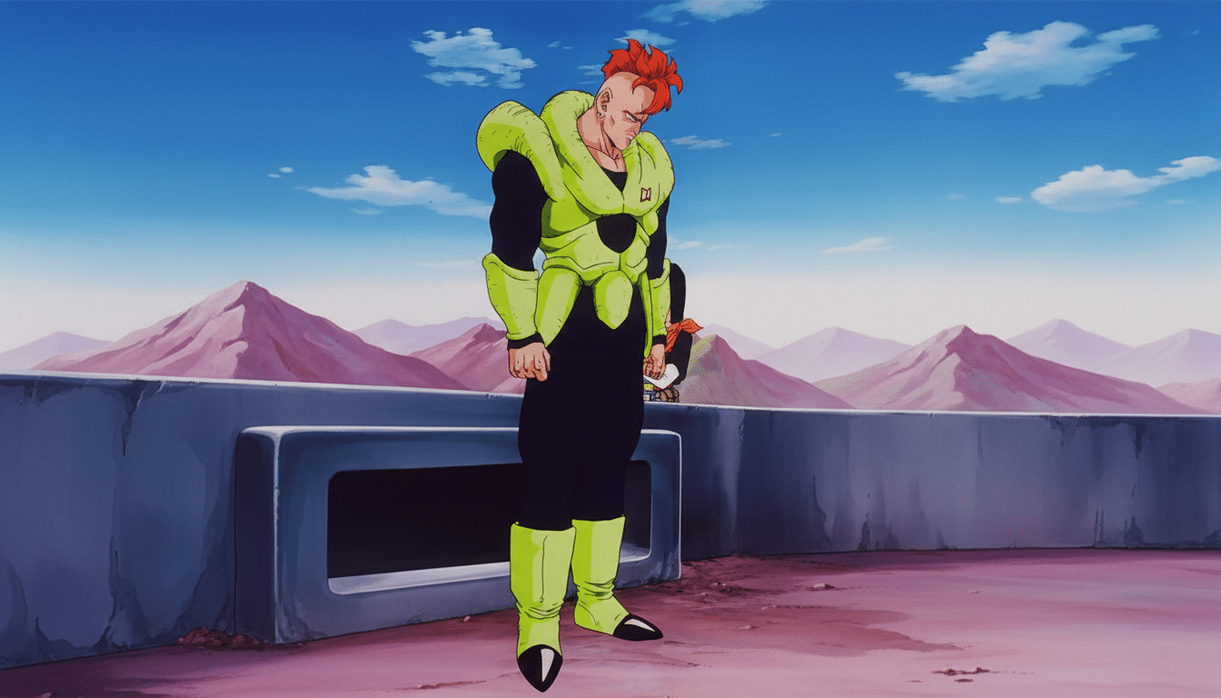 Android 16 from Dragon Ball Z standing on a platform with mountains in the background, resized to a 16:9 aspect ratio.