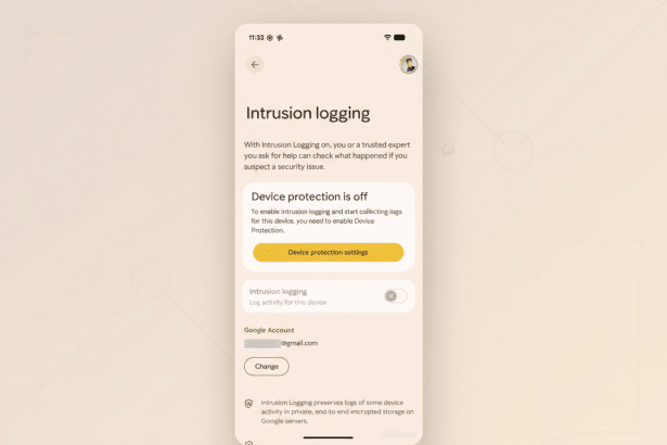 A smartphone screen displaying the Intrusion logging settings, with Device protection is off highlighted and a button to access Device protection settings. The screen also shows options for Intrusion logging and Google Account information.