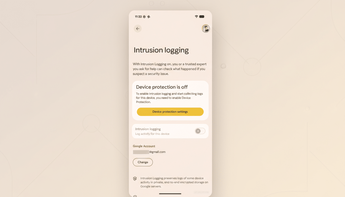 A smartphone screen displaying the Intrusion logging settings, with Device protection is off highlighted and a button to access Device protection settings. The screen also shows options for Intrusion logging and Google Account information.