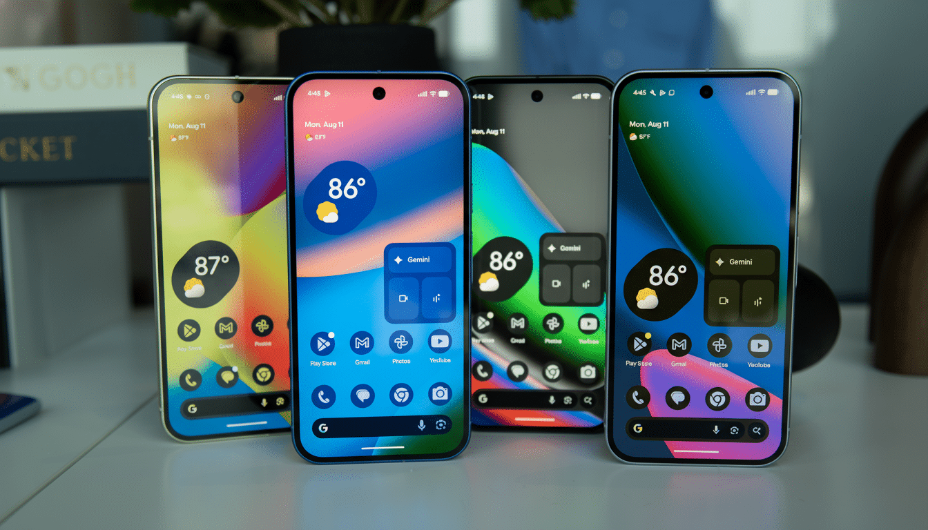 Four smartphones are displayed side-by-side, each showing a different colorful wallpaper and app layout.