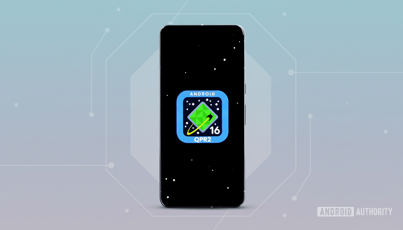 A smartphone displaying the Android 16 QPR2 logo on a black screen, set against a professional light blue background with subtle geometric patterns.