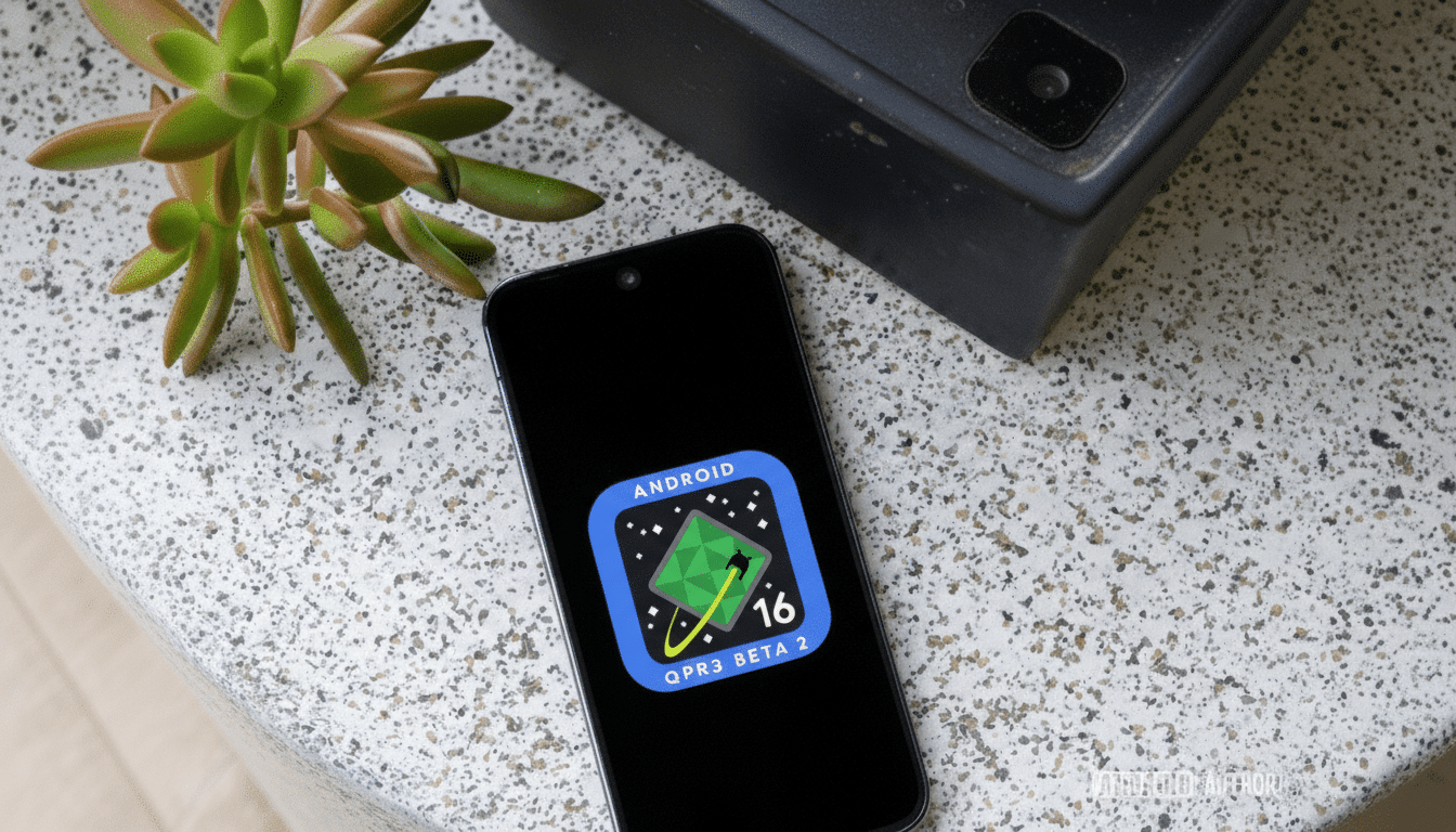 A smartphone displaying the Android 16 QPR3 Beta 2 logo on its screen, placed on a speckled white surface next to a green succulent plant and a dark object.