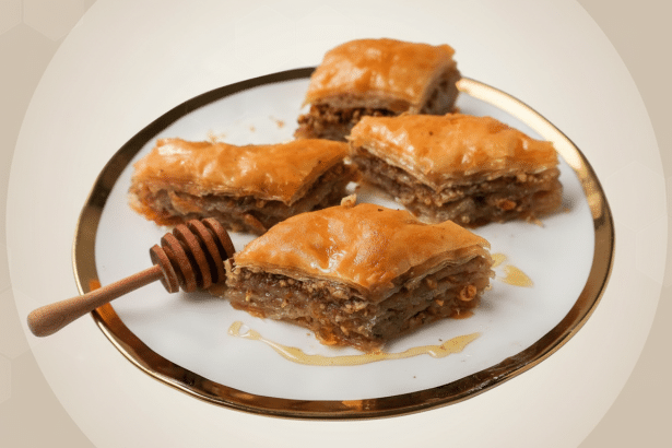 A plate of baklava pastries with a honey dipper, resized to a 16:9 aspect ratio with a professional flat design background.