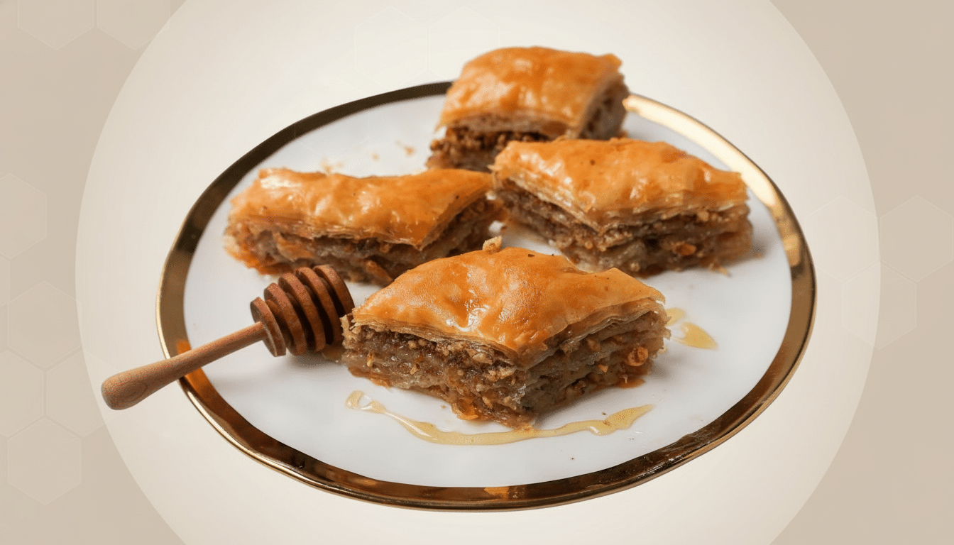 A plate of baklava pastries with a honey dipper, resized to a 16:9 aspect ratio with a professional flat design background.