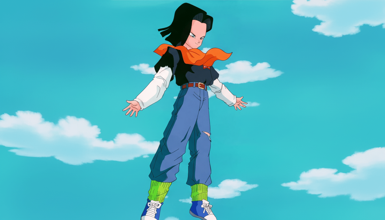 Android 17 from Dragon Ball Z, standing with arms outstretched against a blue sky with white clouds, resized to a 16:9 aspect ratio.