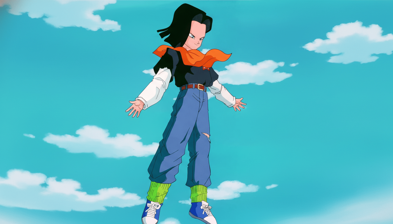 Android 17 from Dragon Ball Z, depicted in a 16:9 aspect ratio, floating against a blue sky with white clouds.