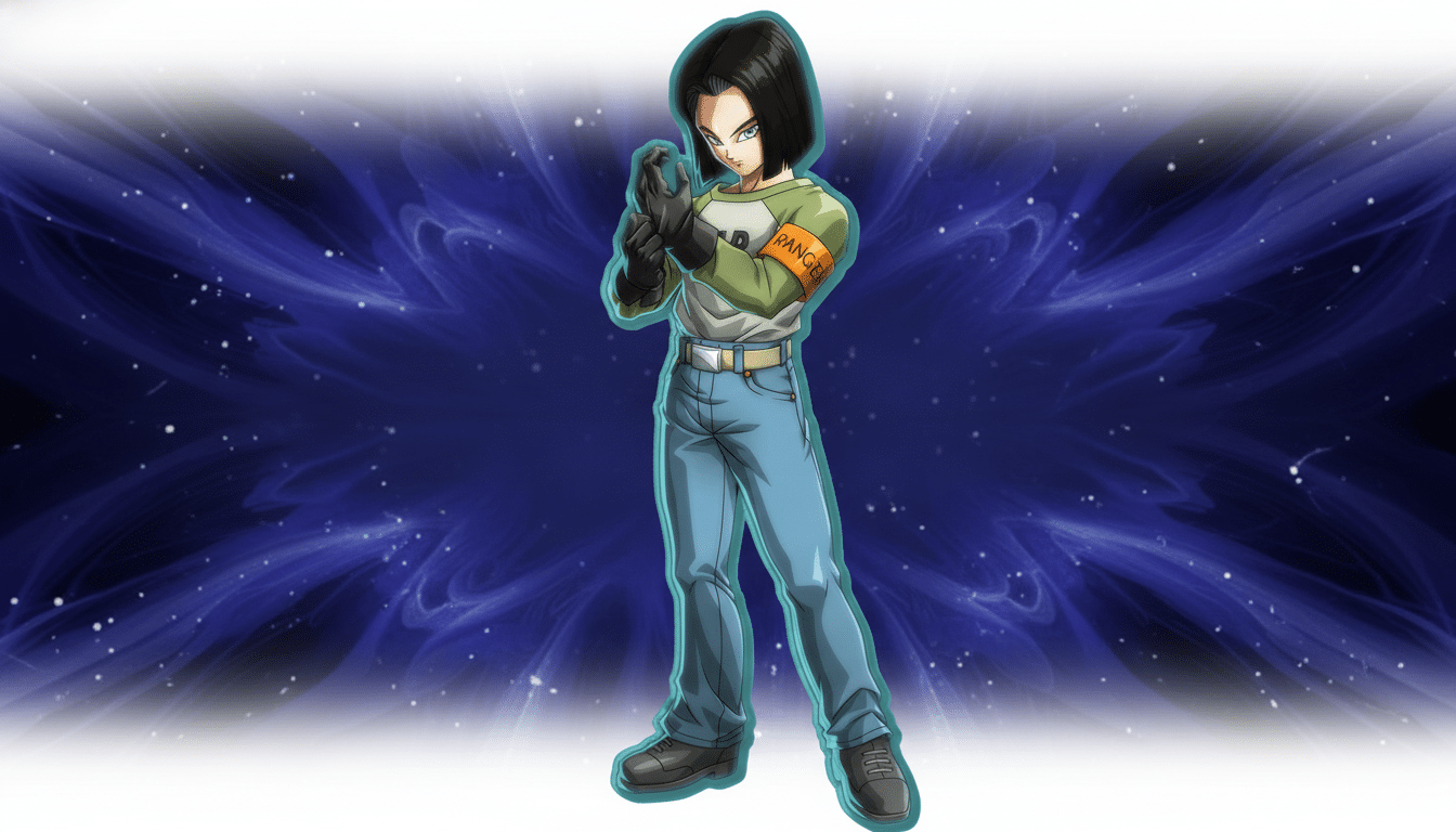 An enhanced image of Android 17 from Dragon Ball, resized to a 16:9 aspect ratio. He stands with his hands together, wearing a green and white shirt, blue jeans, and black gloves, with an orange RANGER armband. The background is a professional, dark blue, abstract design with white accents.