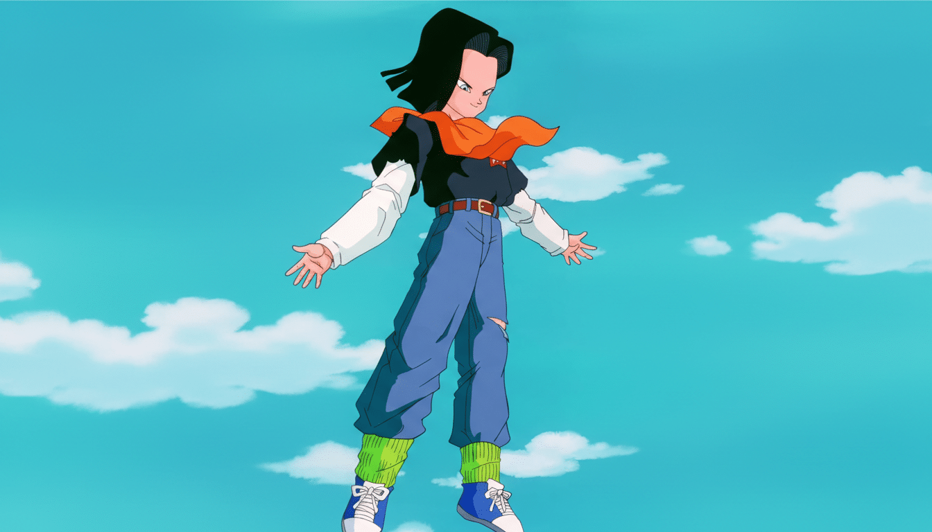 Android 17 from Dragon Ball Z, depicted in a 16:9 aspect ratio, floating against a blue sky with white clouds.