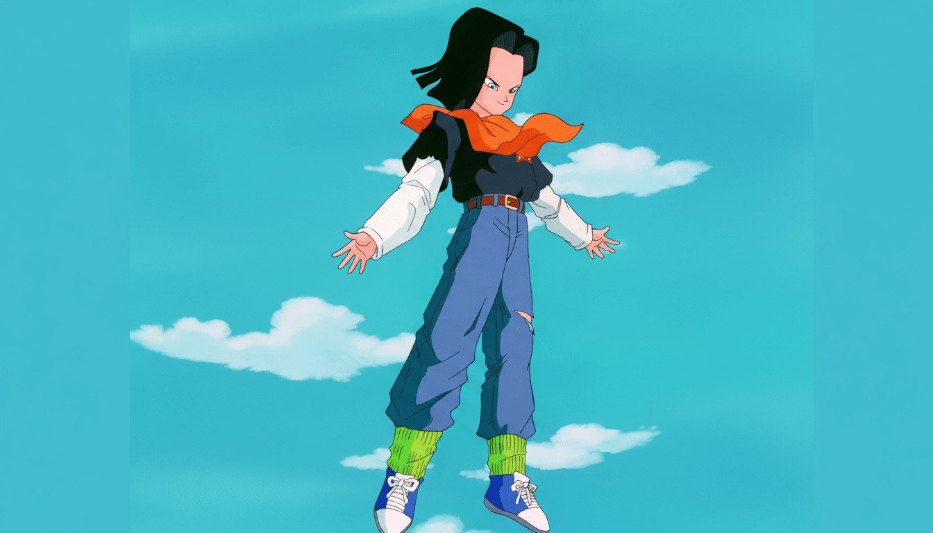 An anime character with black hair, an orange scarf, a black shirt, blue jeans, and green leg warmers, floating against a blue sky with white clouds.