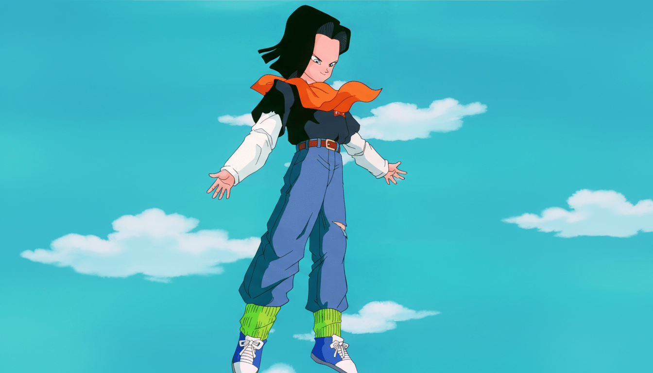 An anime character with black hair, an orange scarf, a black shirt, blue ripped jeans, and green leg warmers, floating against a blue sky with white clouds.