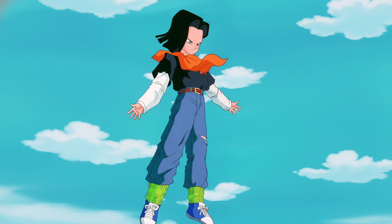 Android 17 from Dragon Ball Z, depicted in a 16:9 aspect ratio, standing against a blue sky with white clouds.