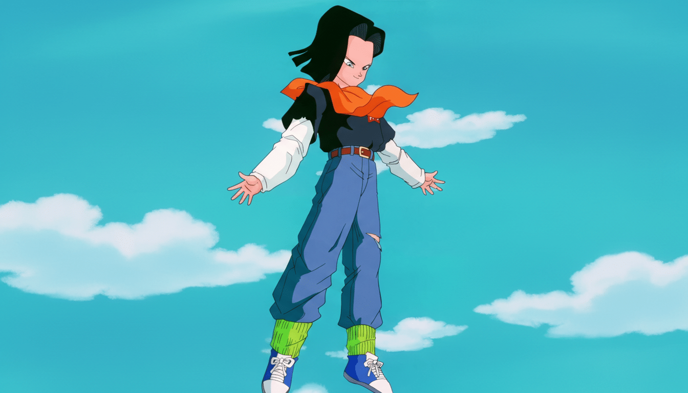 An anime character with black hair, an orange scarf, a black shirt, blue ripped jeans, and green socks, floating against a blue sky with white clouds.