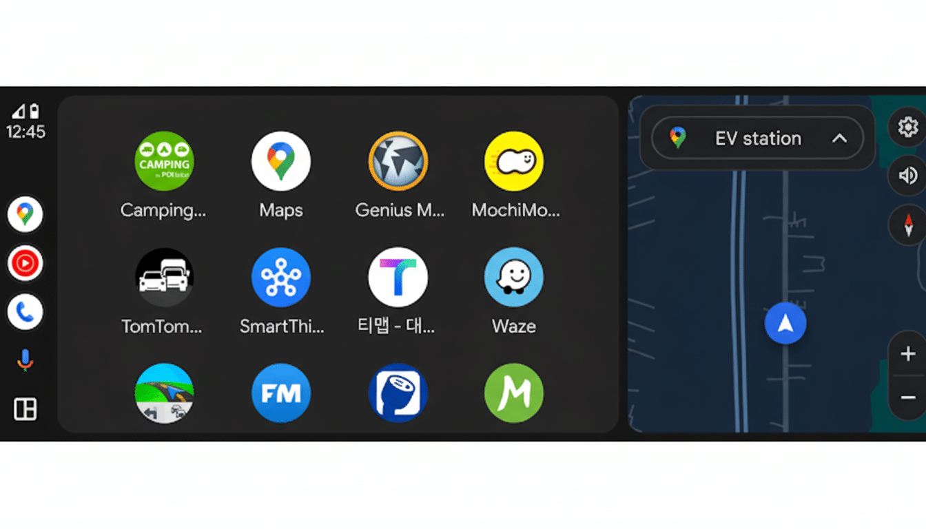 A screenshot of an Android Auto interface showing various app icons and a navigation map.
