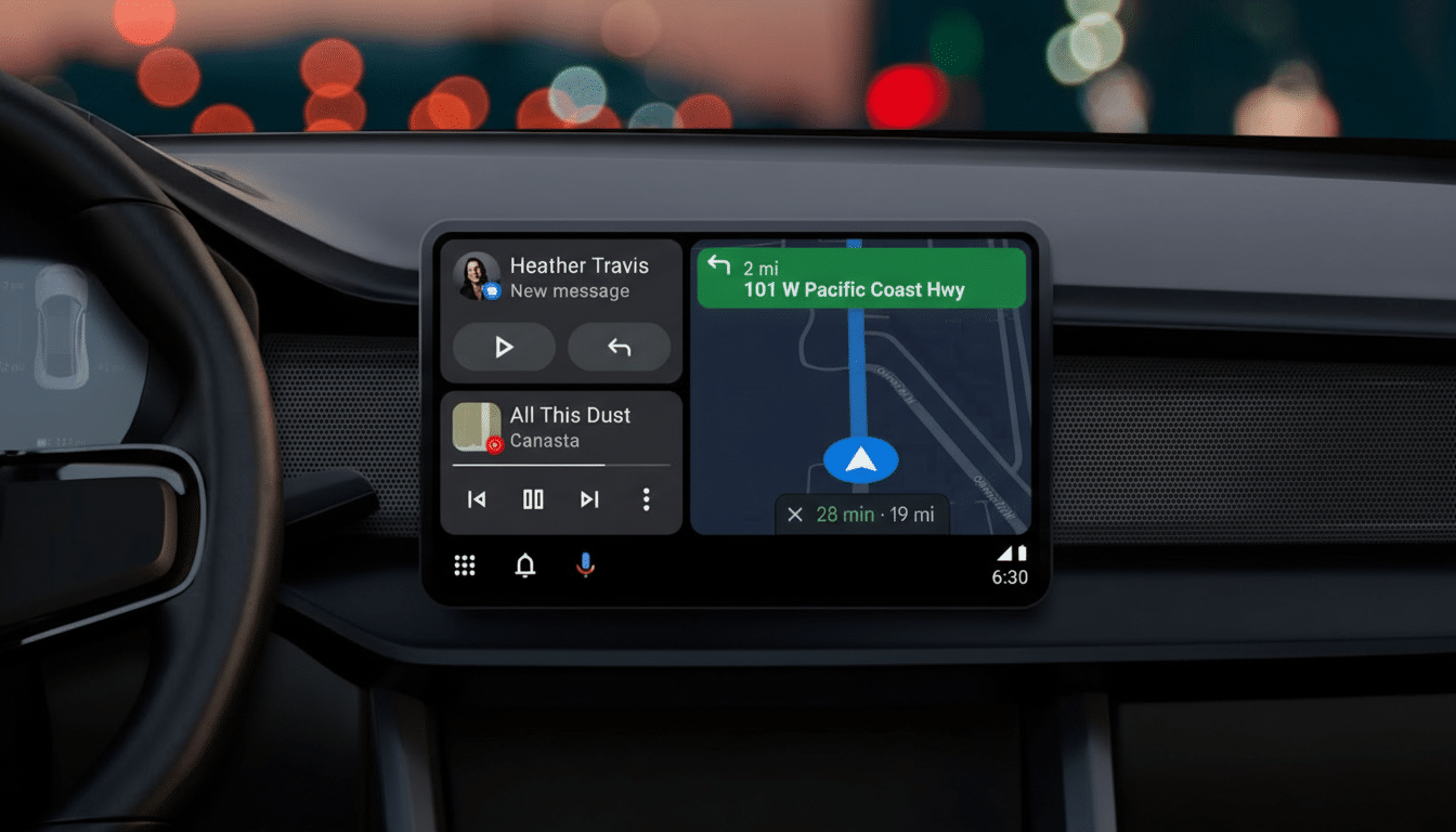A cars dashboard with a screen displaying navigation and music, showing a message from Heather Travis.