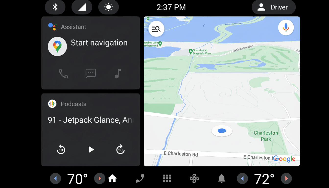 A screenshot of an in-car infotainment system displaying Google Assistant, Podcasts, and Google Maps.