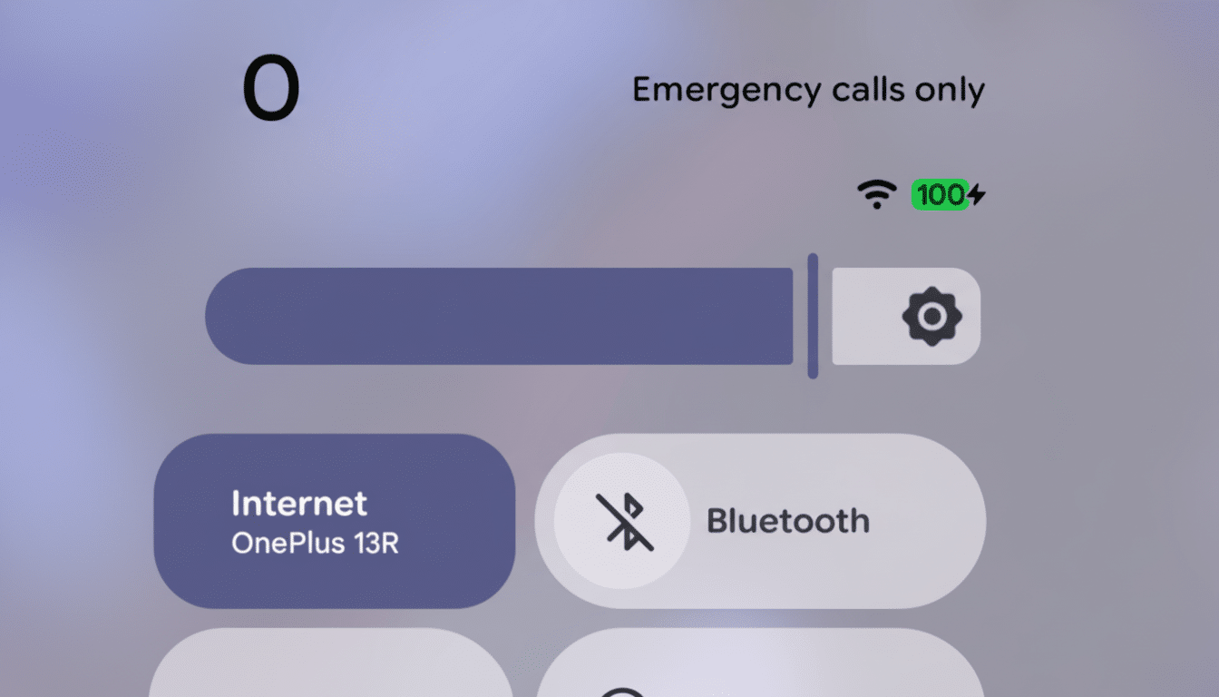 A smartphones quick settings menu showing Wi-Fi, battery at 100%, and options for Internet (OnePlus 13R) and Bluetooth.