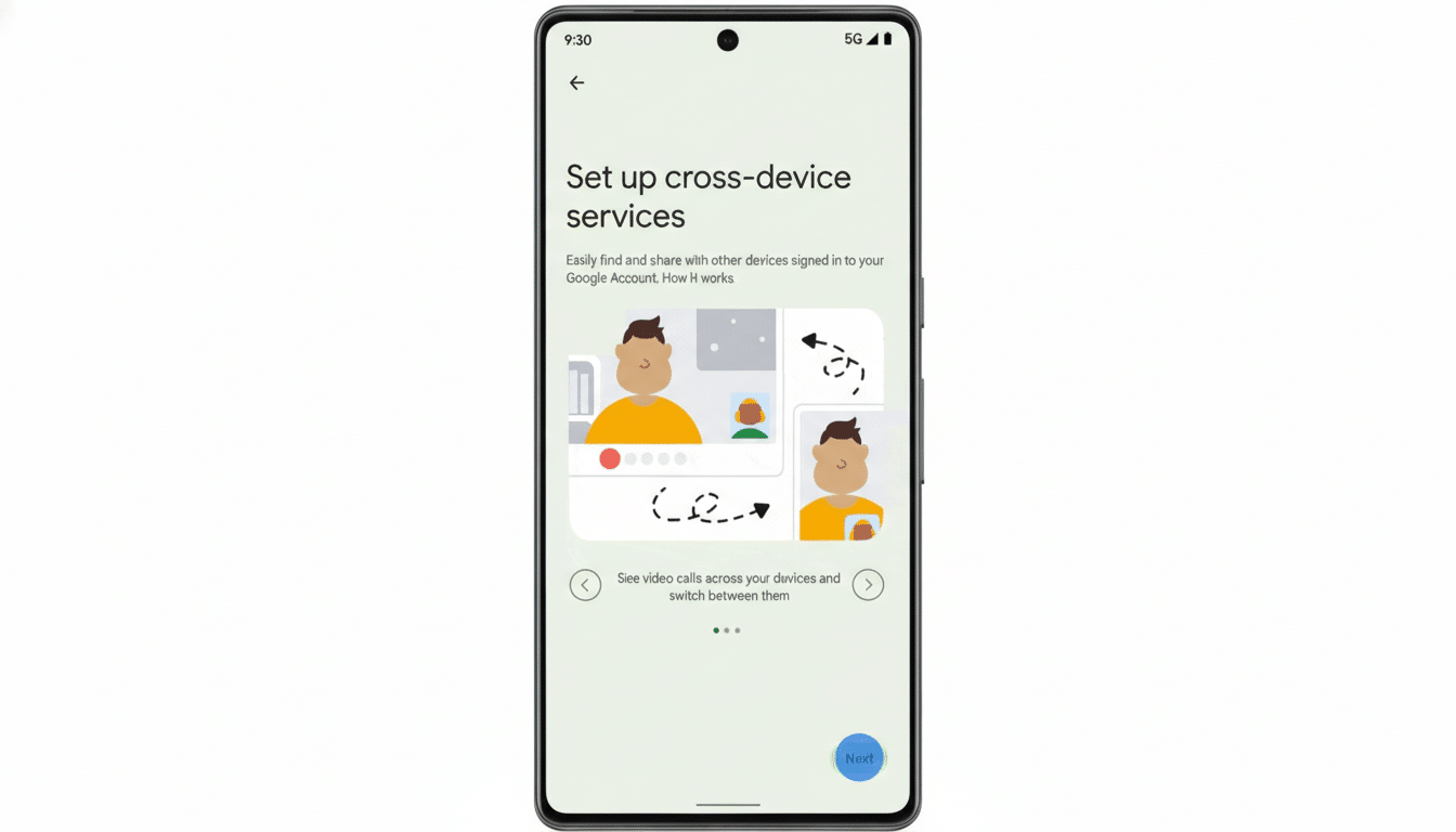 A smartphone displaying the Set up cross-device services screen, with illustrations of people and devices, resized to a 16:9 aspect ratio.