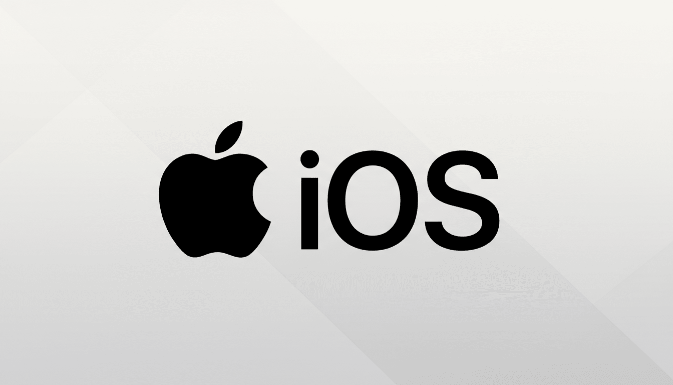 The iOS logo, featuring a black Apple icon followed by the text iOS, set against a professional light gray background with subtle diagonal patterns.