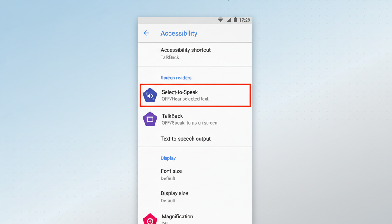 A screenshot of the Android Accessibility settings menu, with Select-to-Speak highlighted in a red box. The image has been resized to a 16:9 aspect ratio with a professional flat design background.