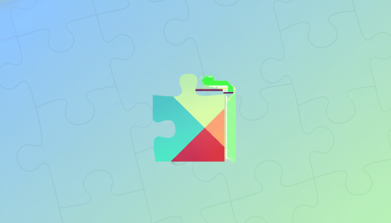 A puzzle piece with the Google Play Store logo design, set against a light blue and green gradient background with subtle puzzle piece patterns.