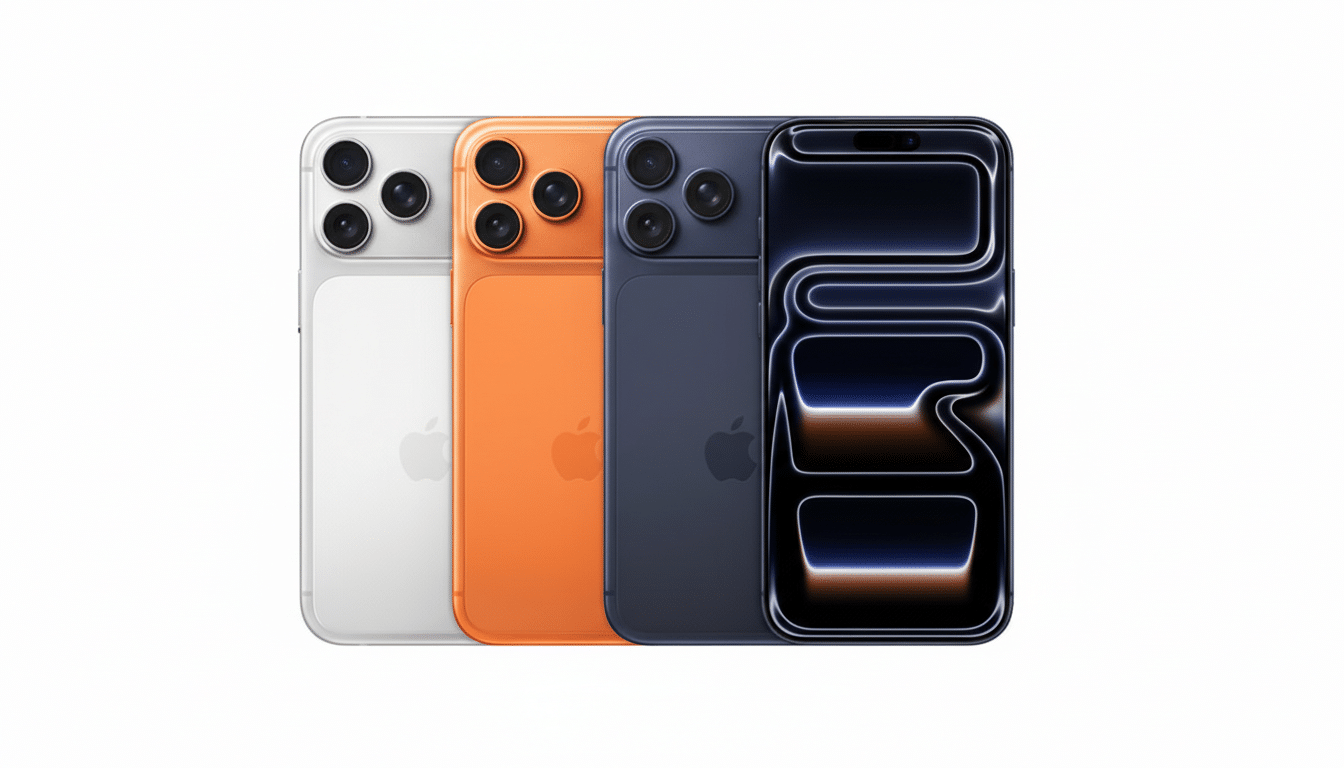 Four iPhones in white, orange, dark blue, and black, arranged side-by-side on a white background.