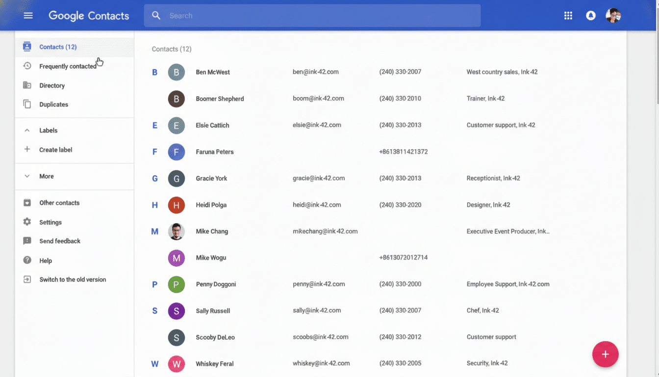 A screenshot of the Google Contacts interface, displaying a list of contacts with names, email addresses, phone numbers, and job titles.