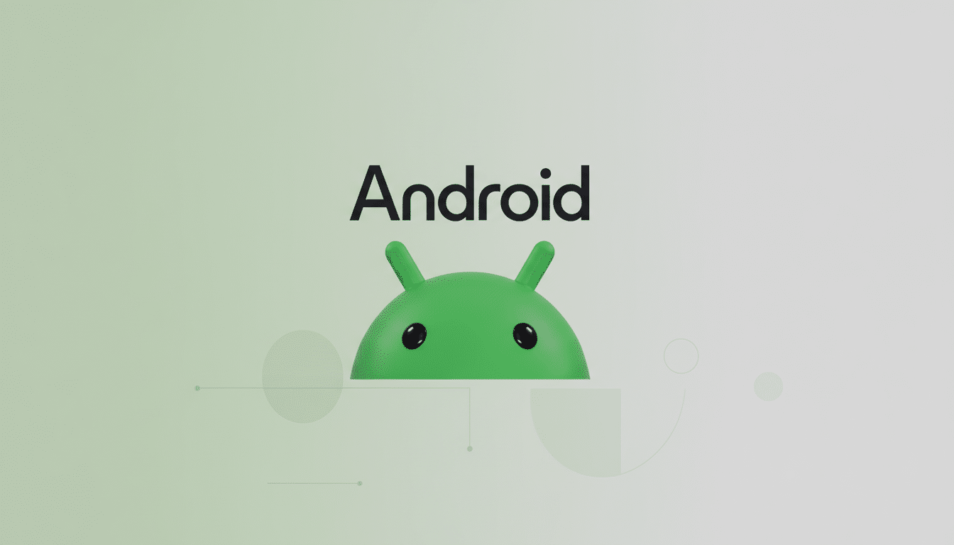 The Android logo, featuring the word Android in black text above the top half of the green Android robot mascot, set against a professional light green gradient background with subtle geometric patterns.