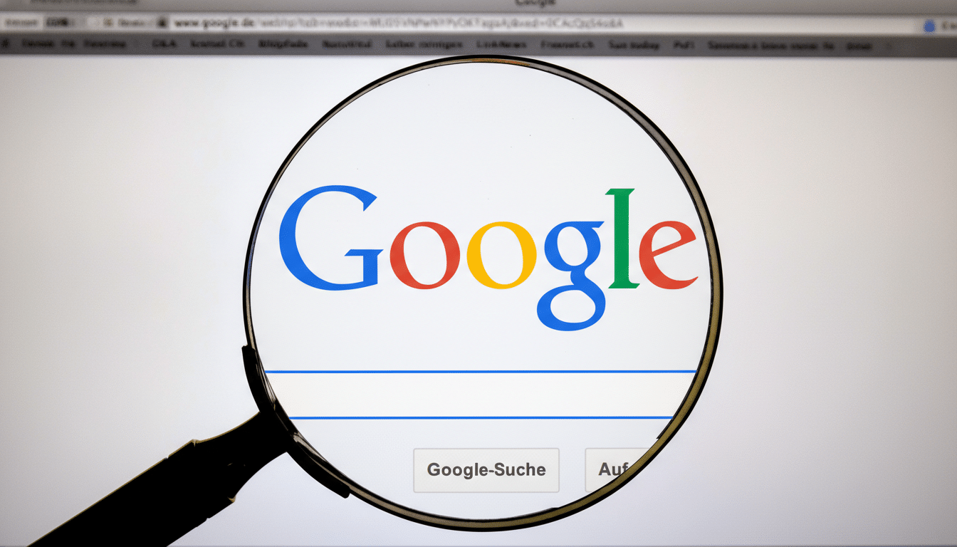 A magnifying glass over a computer screen displaying the Google search page, with the Google logo prominently featured.