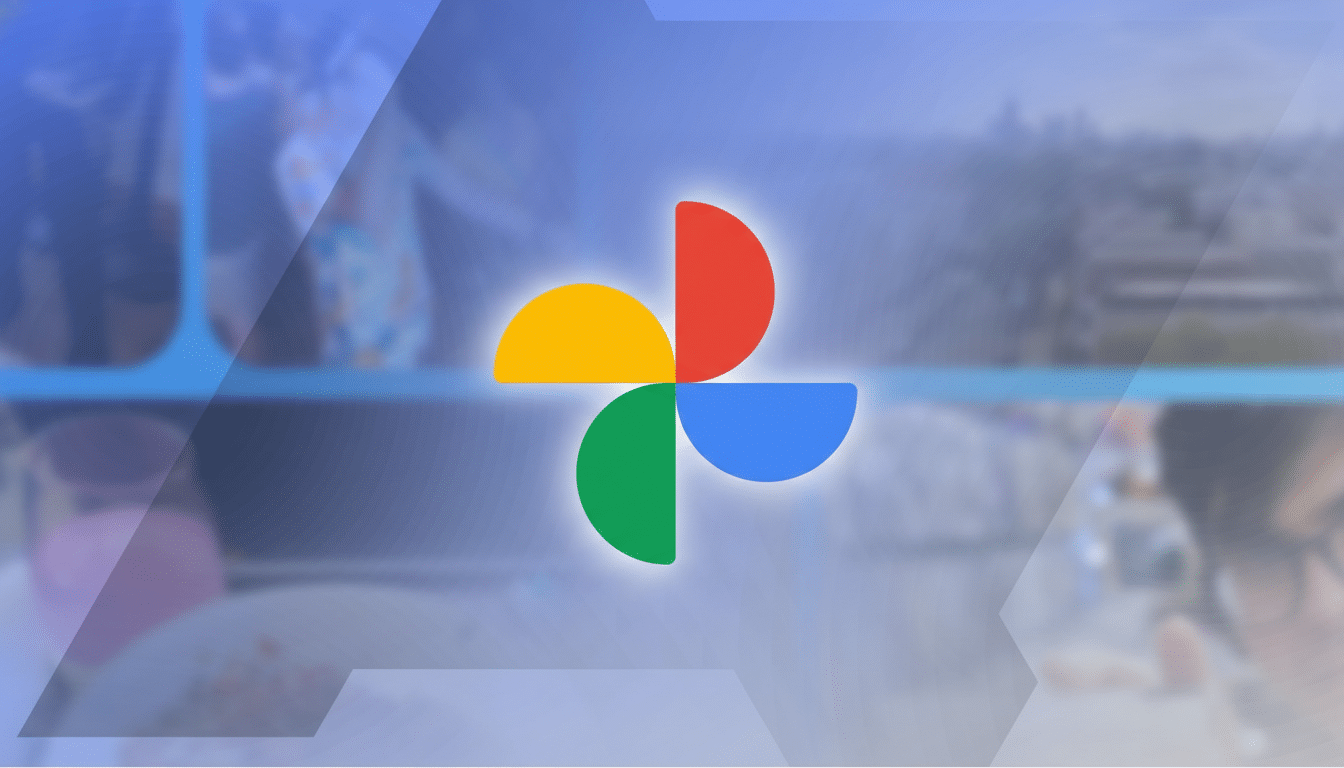 The Google Photos logo, composed of four colorful pinwheel-like shapes (red, yellow, green, and blue), centered against a blurred background of what appears to be an outdoor setting with people and buildings. The image has been resized to a 16:9 aspect ratio.