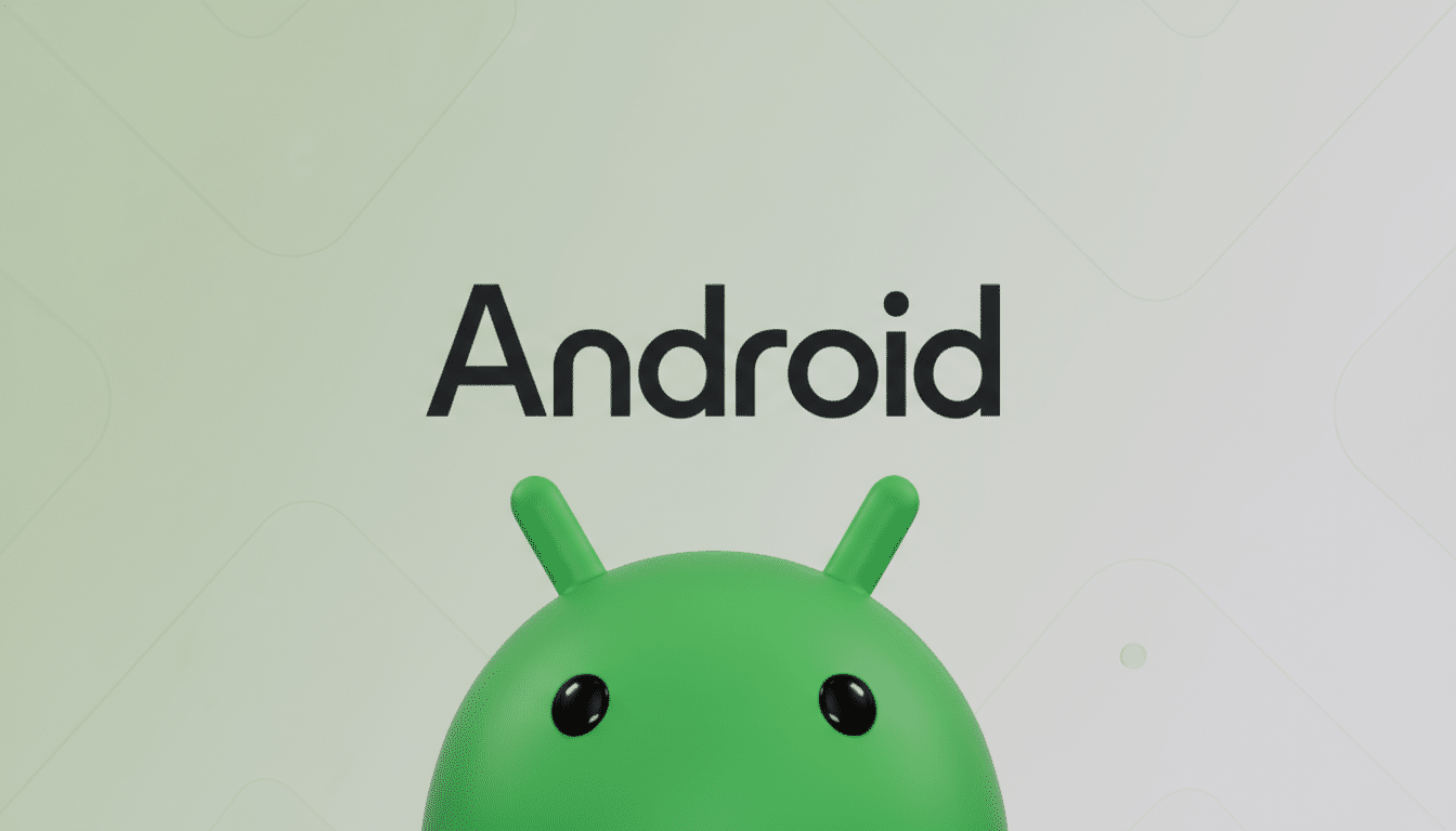 The Android logo with the word Android in black text above the top half of the green Android robot mascot, set against a light green background with subtle geometric patterns.