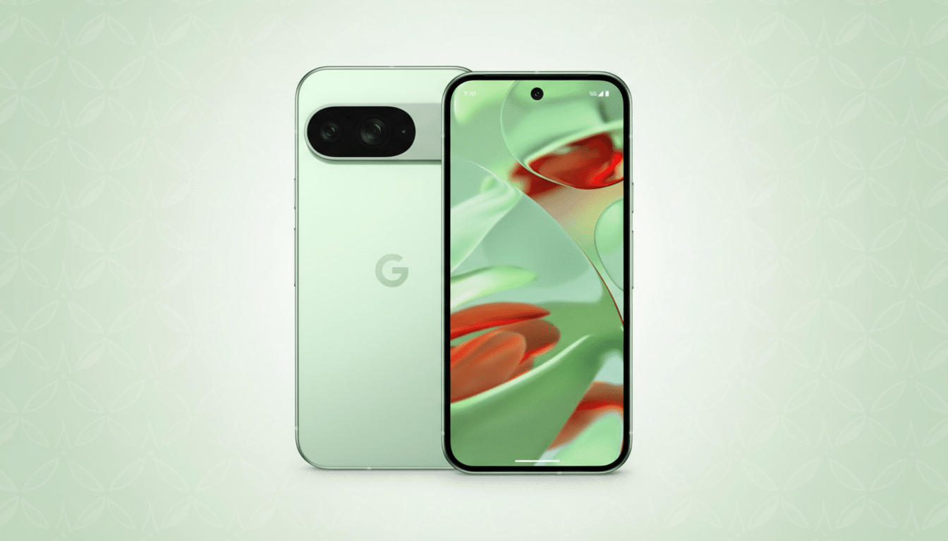 A light green Google Pixel 7 smartphone is displayed in a 16:9 aspect ratio. The phone is shown from the front and back, with the front screen displaying a green and orange abstract wallpaper. The background is a subtle light green pattern.
