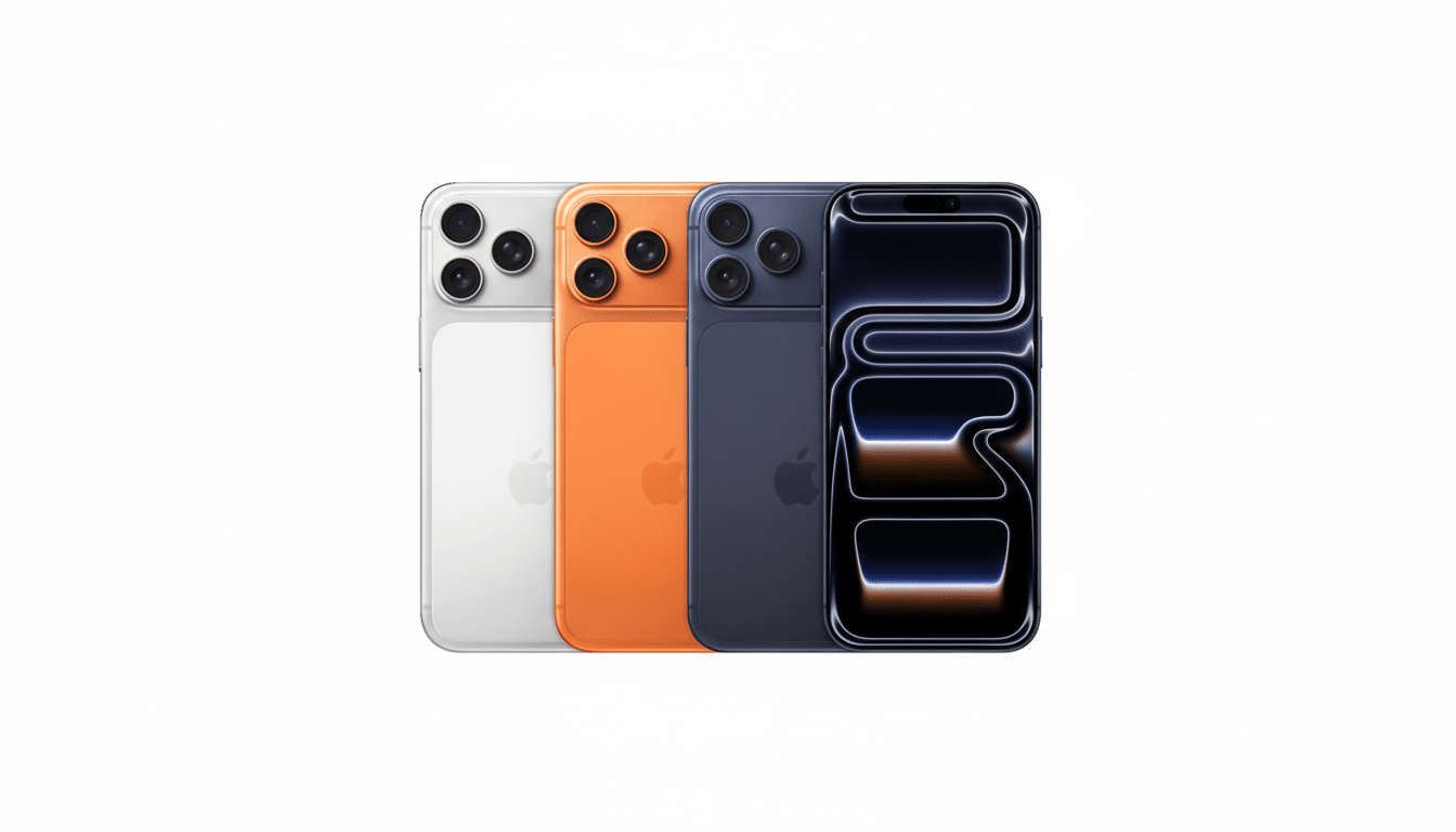 Four iPhones in white, orange, and two shades of blue, arranged in a row against a clean white background.