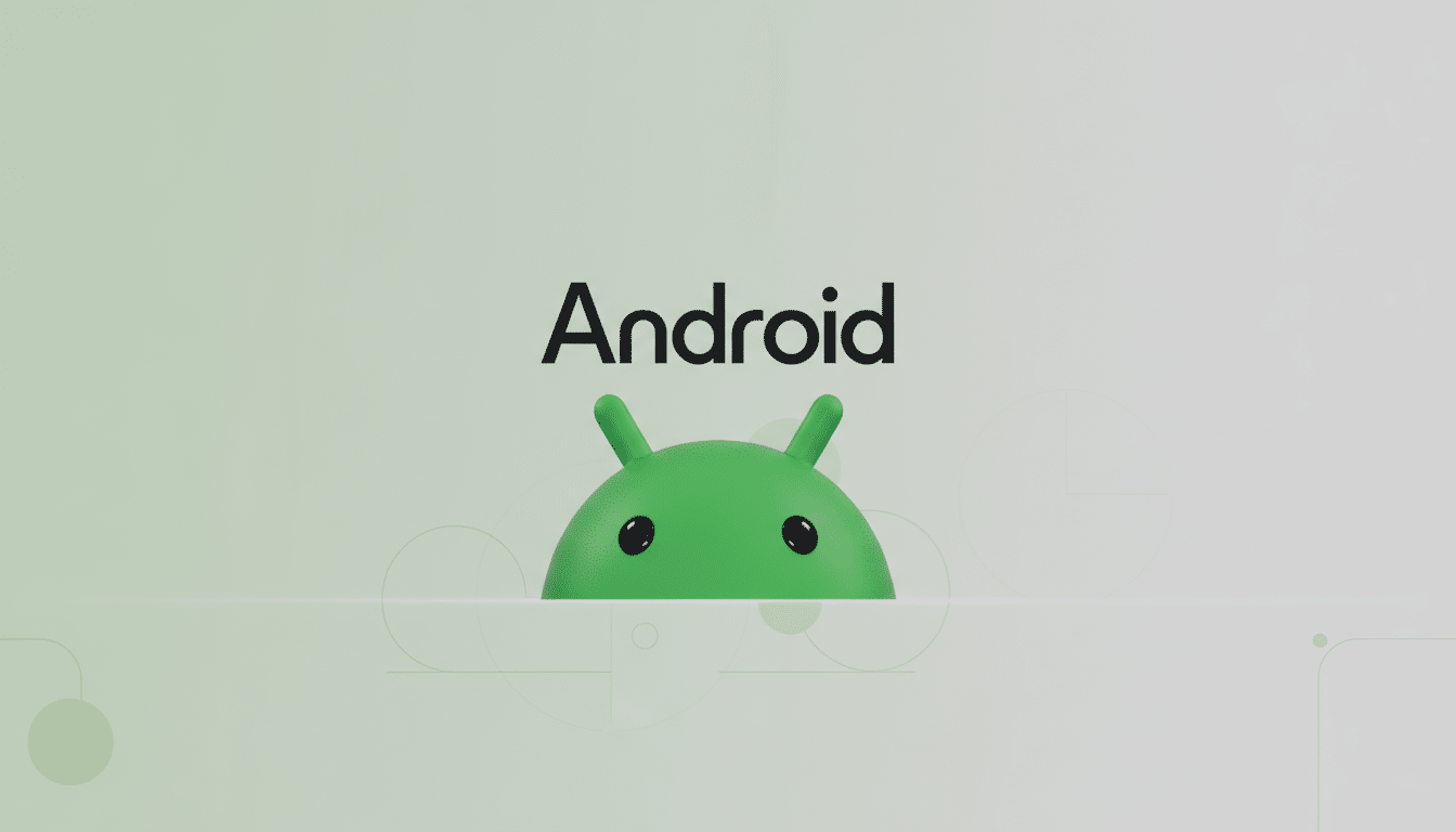 The Android logo and the top half of the green Android robot peeking from the bottom, set against a professional light green gradient background with subtle geometric patterns.