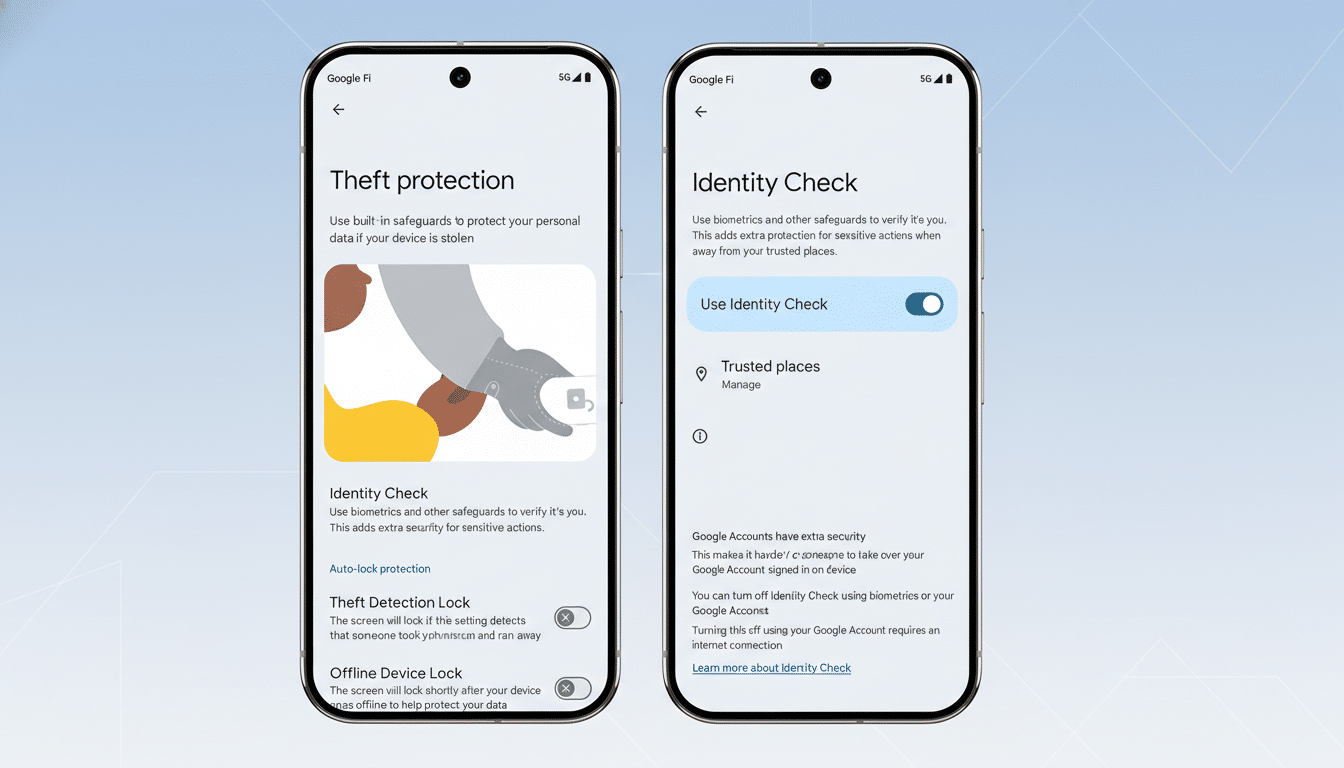 Two smartphone screens displaying Google Fi security settings. The left screen shows Theft protection and Identity Check options, with an illustration of a hand securing a phone. The right screen details Identity Check features, including biometrics for sensitive actions and trusted places.