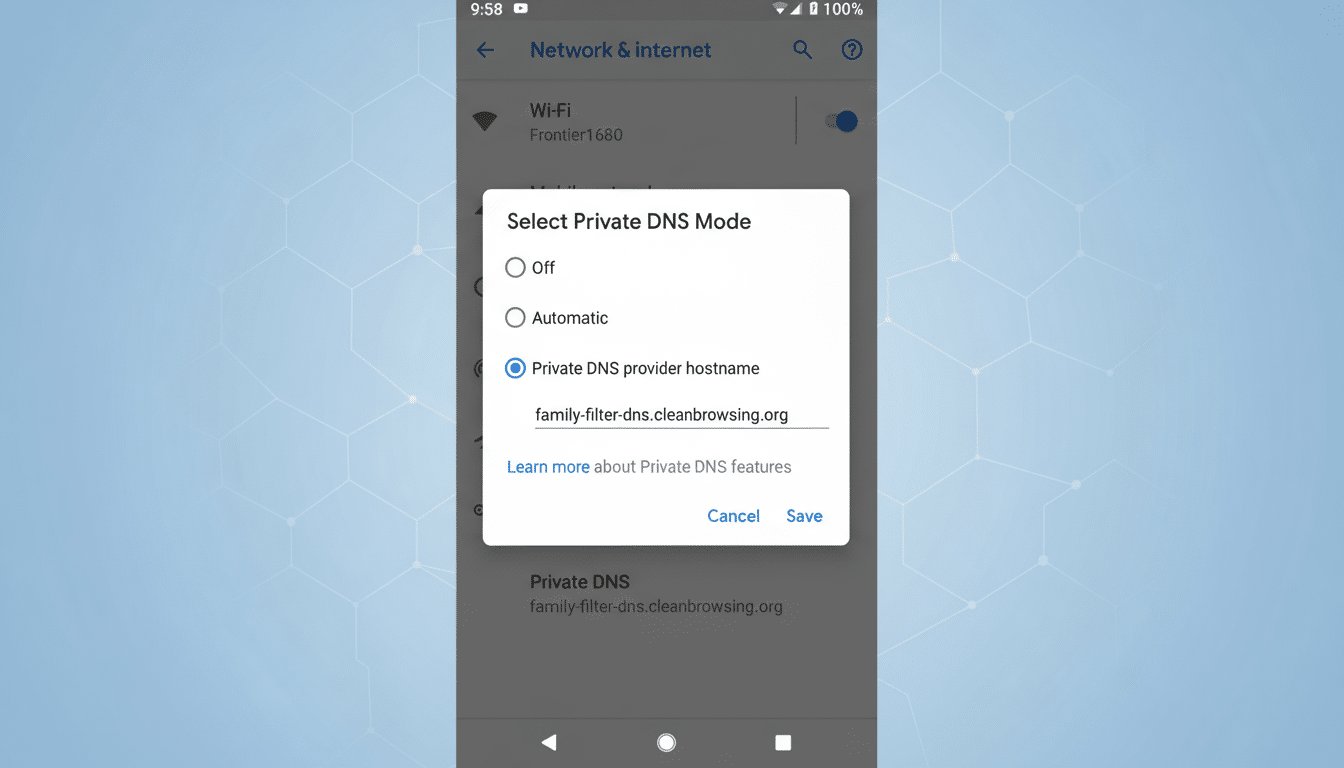 A screenshot of an Android phones Select Private DNS Mode dialog box, showing Private DNS provider hostname selected with family-filter-dns.cleanbrowsing.org entered. The background is a professional flat design with soft patterns.