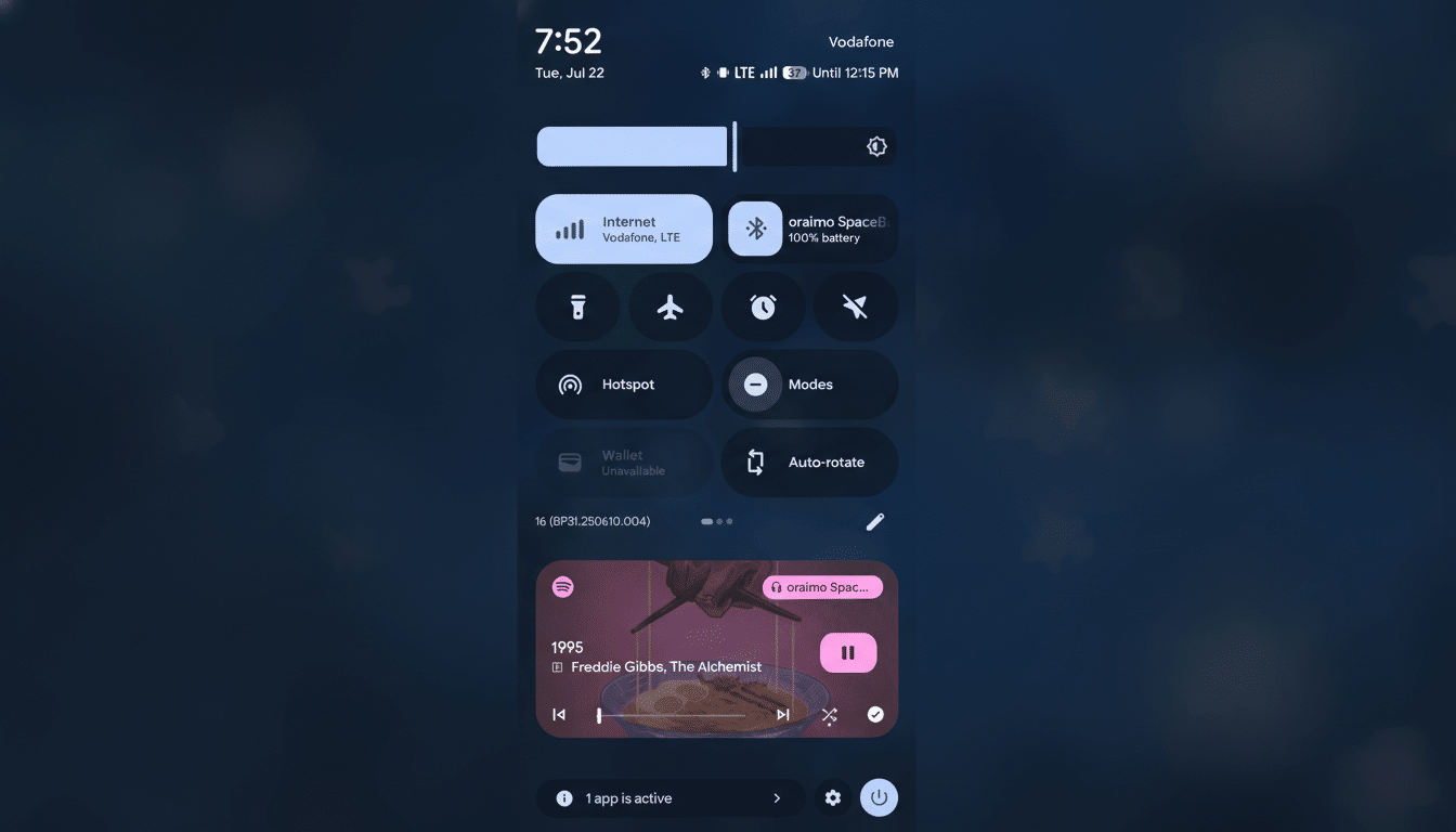 A smartphone screen displaying the Android quick settings panel and a Spotify music player widget, resized to a 16:9 aspect ratio with a subtle gradient background.